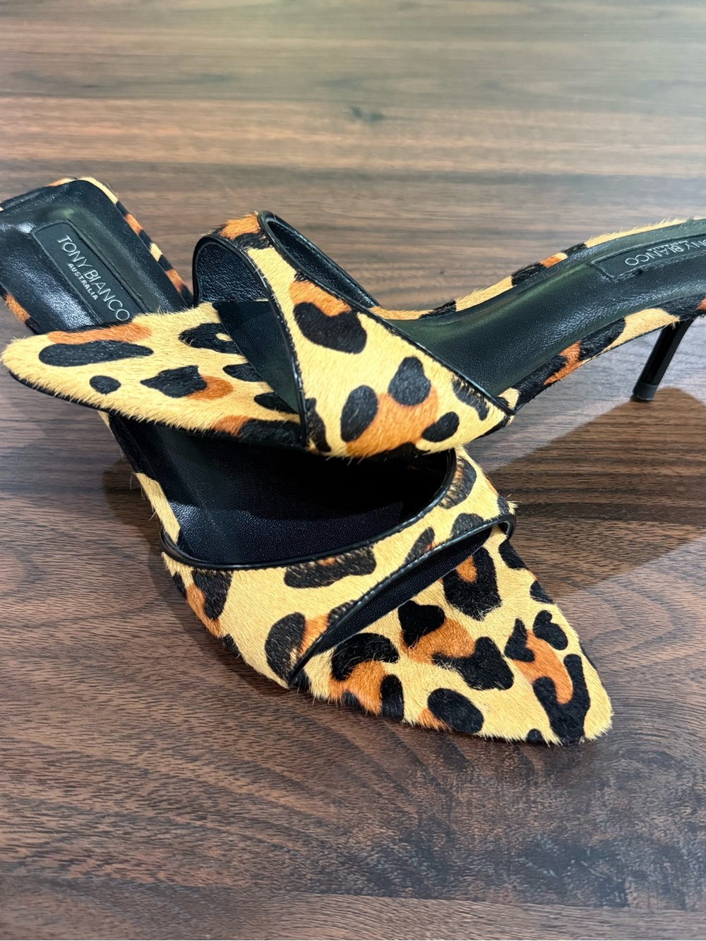 Tony Bianco Leopard-Print Pointed Toe Mule Heels